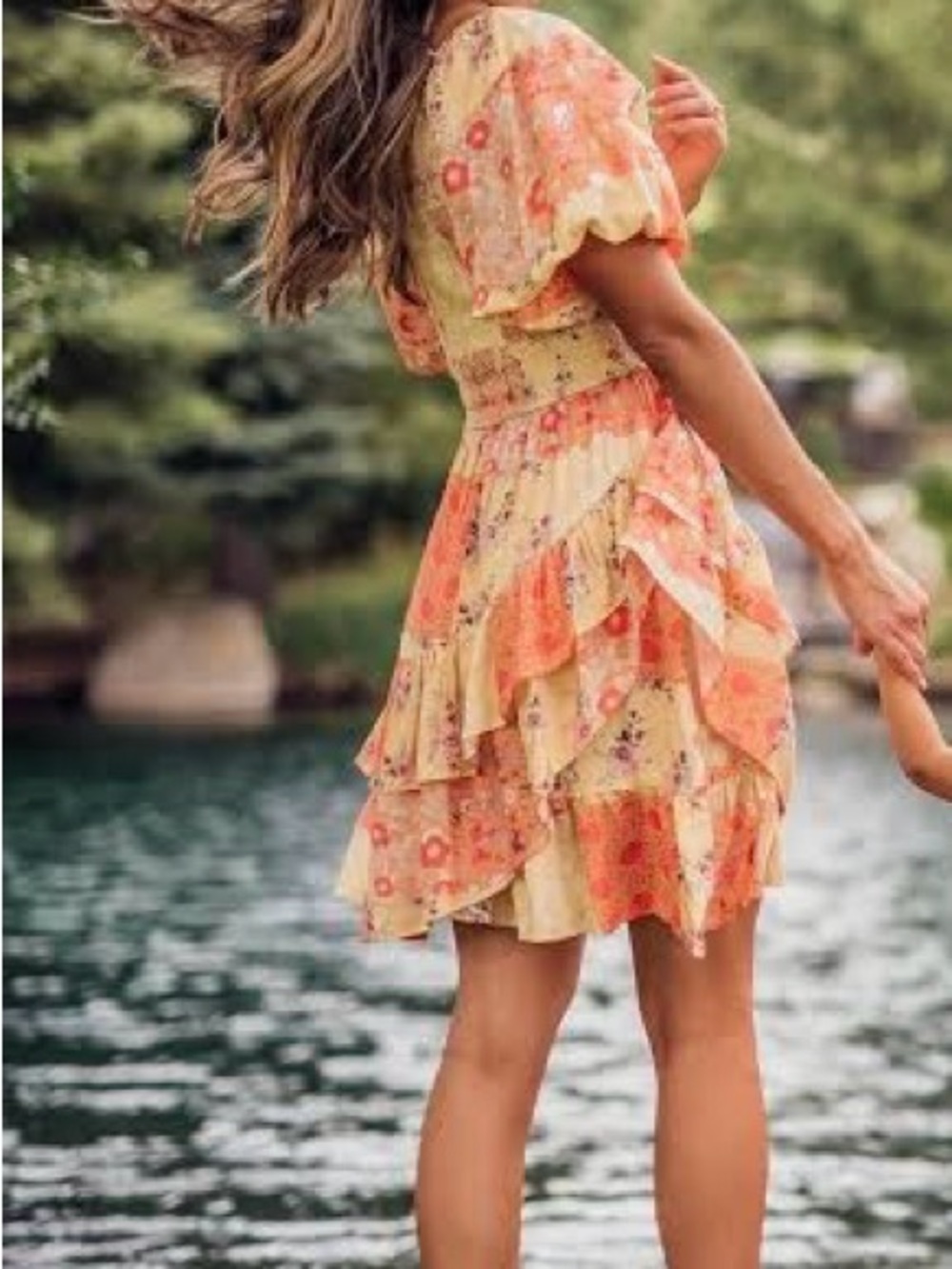JessaKae Tweedle Dee Yellow & Coral Floral Tiered Ruffle Mini Dress